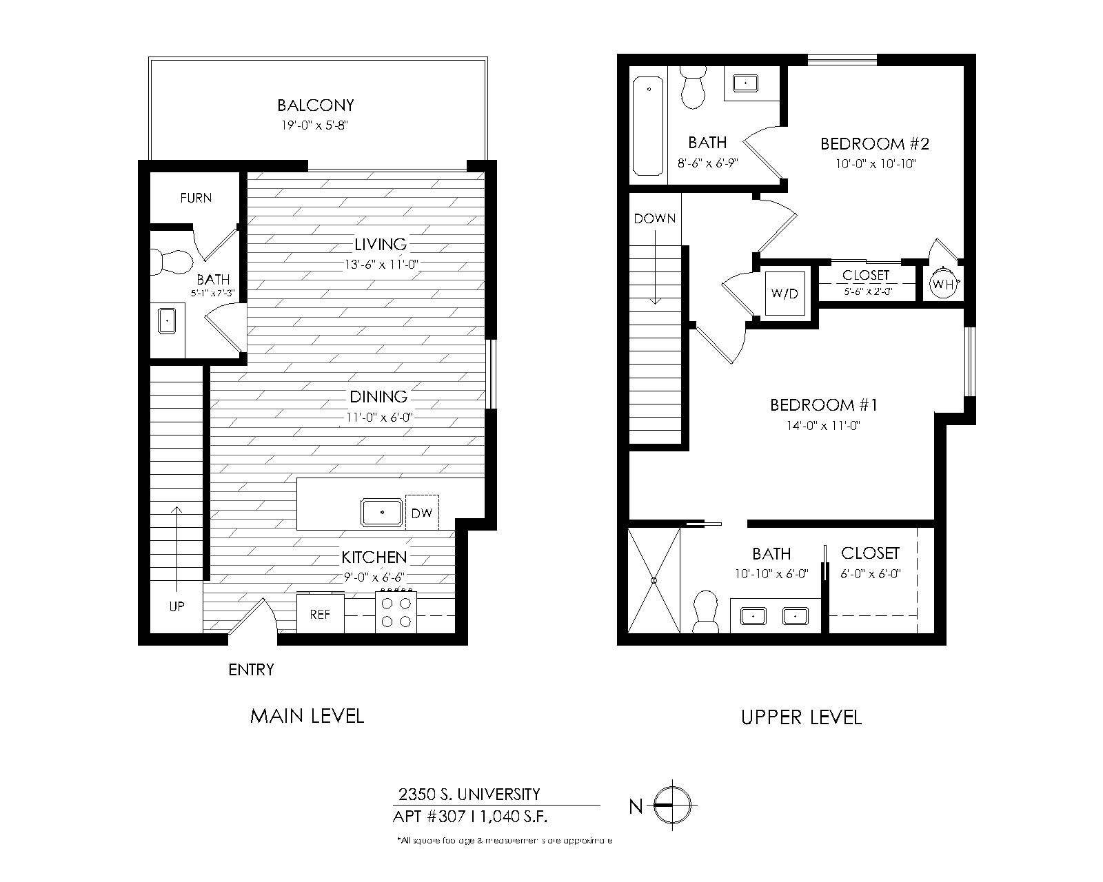 Floor plan for 2 beds, 2.5 baths, 1040 sqft
